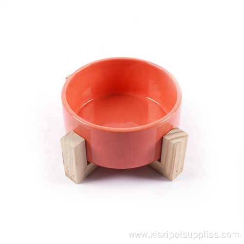 pink wooden frame ceramic pet dog round bowl